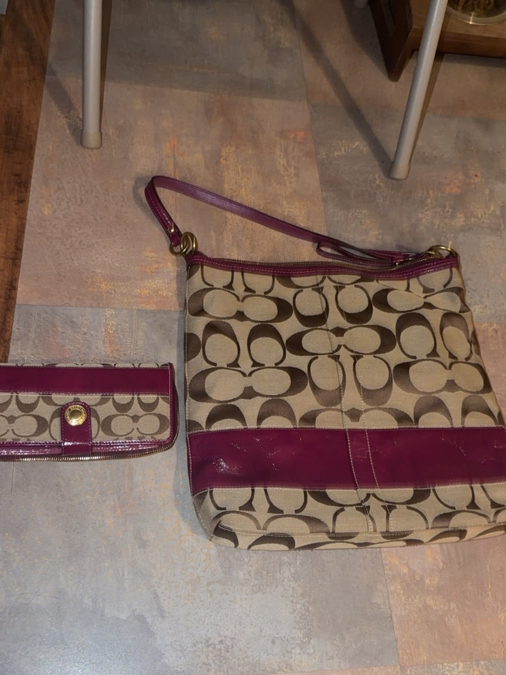 Coach Beige Signature Crossbody with Purple Trim and Wallet